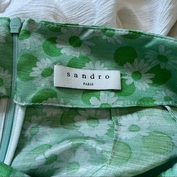 𝅺SANDRO Paris Silk & Linen Green Long Floral Print Botton Skirt with slit 0 - Picture 9 of 12